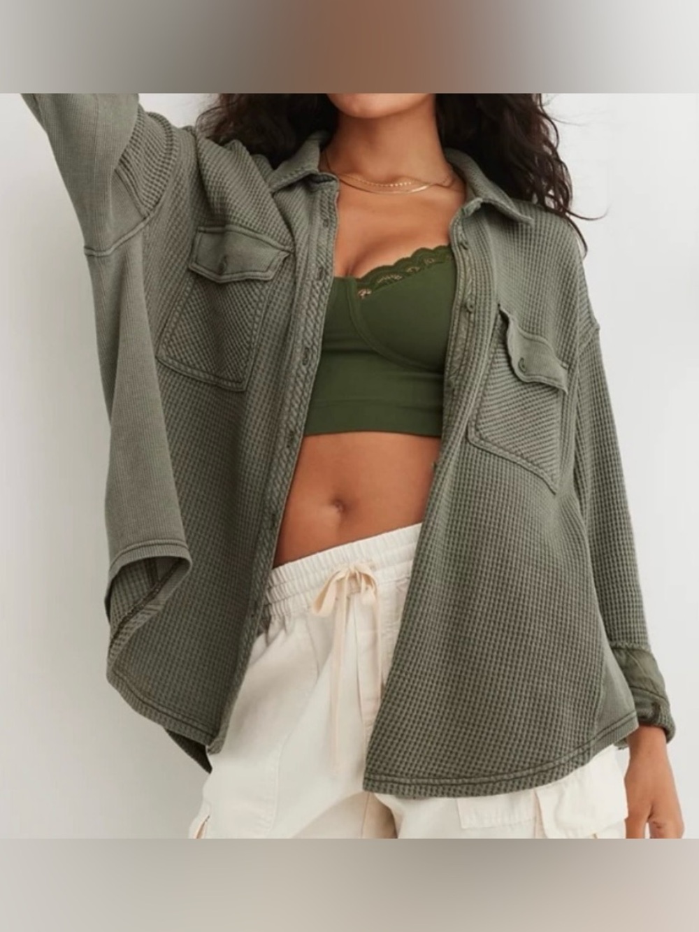 aerie Olive Green Oversized Lumberjane Waffle Knit Button Up - Size S